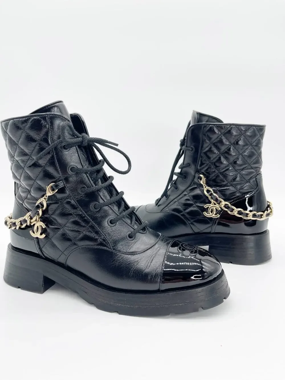 Chanel Black Quilted Patent Cap Toe Leather CC Chain Ankle Combat Boots EU 39.5